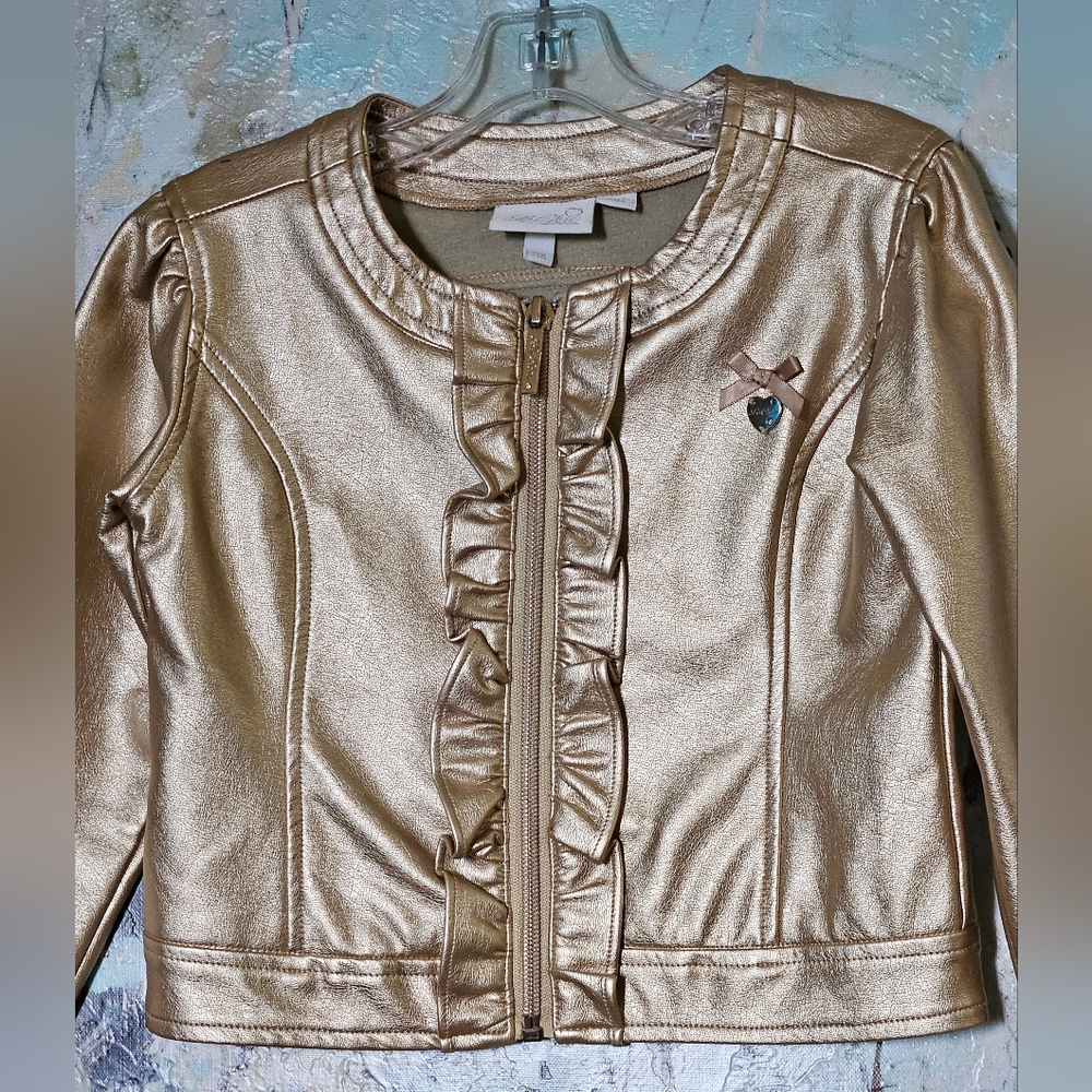 Le Chic Girls Arlene Metallic Champagne Faux Leather Ruffle Jacket US Sz 6/5-6yo